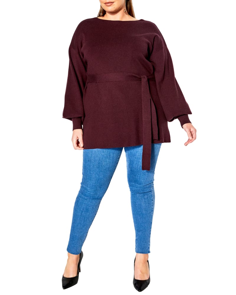Front of a model wearing a size XXS JUMPER TAMARA in Oxblood by City Chic. | dia_product_style_image_id:252417